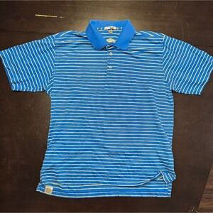 Peter Millar Mens Large Blue Yellow Striped Short Sleeve Cotton Polo Golf Shirt
